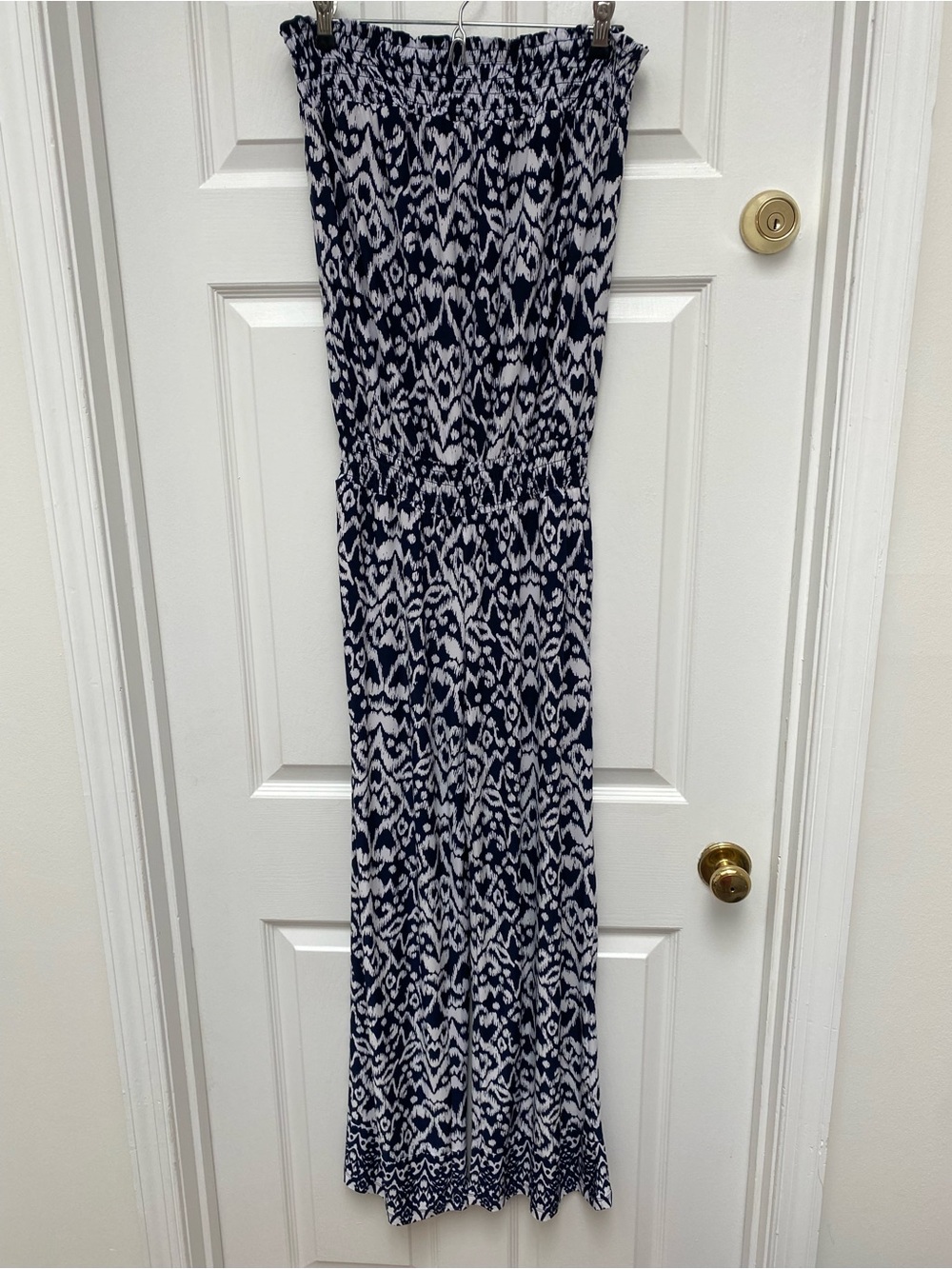 INC International Concepts Navy & White Strapless Smocked Jumpsuit w Pockets- S